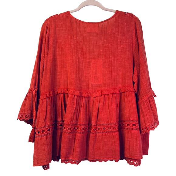 BOHERA Blouse XL Boho Shirred Ruffle Tiered Pinkilicious V-Neck Lace & Beads NWT - Picture 3 of 15
